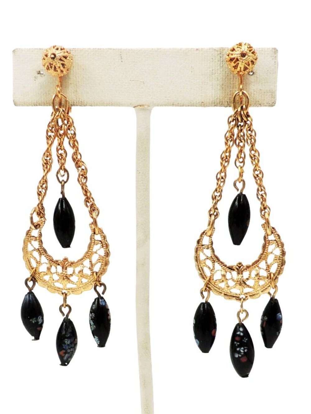 Vintage 1970s Napier Black Speckled Art Glass Drop Chandelier Clip Earrings